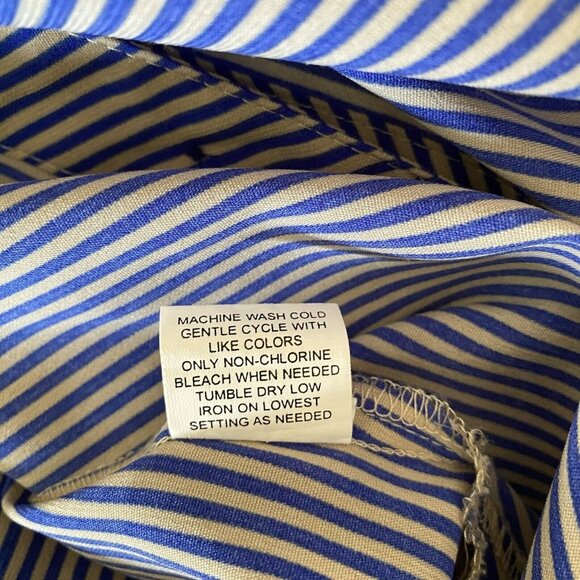 Elementz Blouse Size Medium Tan Blue Striped Roll Tab Sleeves Pockets - Picture 9 of 10